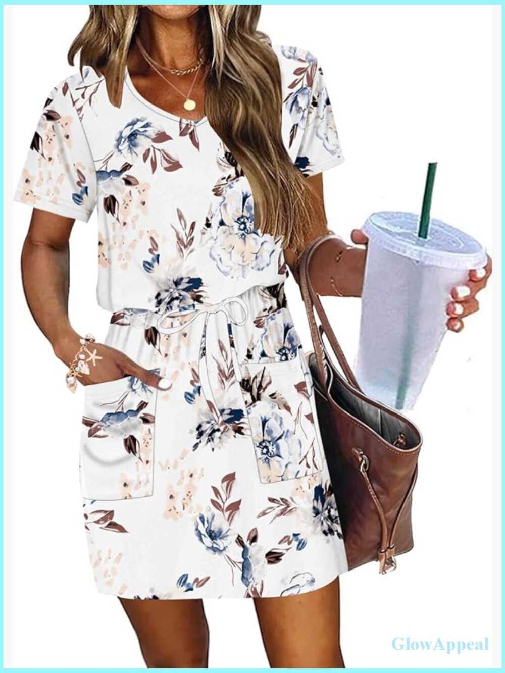 Summer Mini Dress V Neck Short Sleeve Tie Front with Pockets